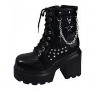 FQLGJMY Women's Chunky Heel Combat Boots with Chain Love Buckle Rhinestone Decoration Platform Ankle Booties Lace Up Streetwear Fashion Boots Comfortable Block Heel for Fall Winter