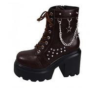 FQLGJMY Women's Chunky Heel Combat Boots with Chain Love Buckle Rhinestone Decoration Platform Ankle Booties Lace Up Streetwear Fashion Boots Comfortable Block Heel for Fall Winter