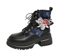 FQLGJMY Women's Chunky Heel Combat Boots with Chain Love Buckle Rhinestone Decoration Platform Ankle Booties Lace Up Streetwear Fashion Boots Comfortable Block Heel for Fall Winter