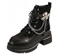 FQLGJMY Women's Chunky Heel Combat Boots with Chain Love Buckle Rhinestone Decoration Platform Ankle Booties Lace Up Streetwear Fashion Boots Comfortable Block Heel for Fall Winter