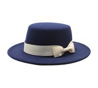 FQLGJMY Women's Felt Fedora Hat with Ribbon Bow Wide Brim Flat Top Jazz Hat for Ladies' Party Wedding Daily All-Season Wear Navy Blue