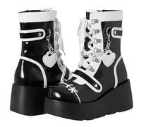 FQLGJMY Women's Gothic Chunky Platform Wedges Ankle Boots with Chain Heart Rivet Punk Mid-Calf Motorcycle Boots Round Toe Zipper Wedges High Heels Rave Buckle Thick Sole Knight Booties