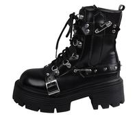 FQLGJMY Women's Gothic Chunky Platform Wedges Ankle Boots with Chain Heart Rivet Punk Mid-Calf Motorcycle Boots Round Toe Zipper Wedges High Heels Rave Buckle Thick Sole Knight Booties