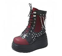 FQLGJMY Women's Gothic Chunky Platform Wedges Ankle Boots with Chain Heart Rivet Punk Mid-Calf Motorcycle Boots Round Toe Zipper Wedges High Heels Rave Buckle Thick Sole Knight Booties