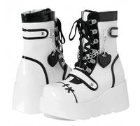 FQLGJMY Women's Gothic Chunky Platform Wedges Ankle Boots with Chain Heart Rivet Punk Mid-Calf Motorcycle Boots Round Toe Zipper Wedges High Heels Rave Buckle Thick Sole Knight Booties