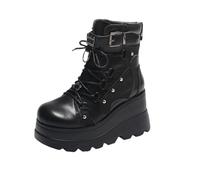 FQLGJMY Women's Gothic Chunky Platform Wedges Ankle Boots with Chain Heart Rivet Punk Mid-Calf Motorcycle Boots Round Toe Zipper Wedges High Heels Rave Buckle Thick Sole Knight Booties