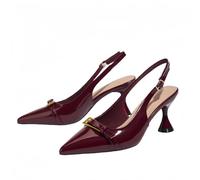 FQLGJMY Women's Pointed Toe Slingback Heels Patchwork Patent Stiletto Slip On Pumps with Buckle Strap Dress Work Shoes for Spring Summer 3.1 Inches