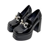 FQLGJMY Women's Thick-Soled Lightweight High-Heeled Single Shoes Platform Chunky Heel Ultrahigh Heel European and American Style Fashion Mary Janes Pumps with Rhinestone Buckle Bow Lace Pearl