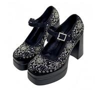 FQLGJMY Women's Thick-Soled Lightweight High-Heeled Single Shoes Platform Chunky Heel Ultrahigh Heel European and American Style Fashion Mary Janes Pumps with Rhinestone Buckle Bow Lace Pearl