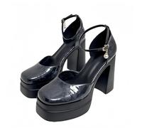 FQLGJMY Women's Thick-Soled Lightweight High-Heeled Single Shoes Platform Chunky Heel Ultrahigh Heel European and American Style Fashion Mary Janes Pumps with Rhinestone Buckle Bow Lace Pearl