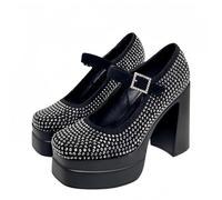 FQLGJMY Women's Thick-Soled Lightweight High-Heeled Single Shoes Platform Chunky Heel Ultrahigh Heel European and American Style Fashion Mary Janes Pumps with Rhinestone Buckle Bow Lace Pearl