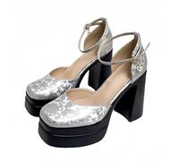 FQLGJMY Women's Thick-Soled Lightweight High-Heeled Single Shoes Platform Chunky Heel Ultrahigh Heel European and American Style Fashion Mary Janes Pumps with Rhinestone Buckle Bow Lace Pearl