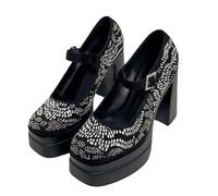 FQLGJMY Women's Thick-Soled Lightweight High-Heeled Single Shoes Platform Chunky Heel Ultrahigh Heel European and American Style Fashion Mary Janes Pumps with Rhinestone Buckle Bow Lace Pearl