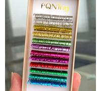 FQNing 12 Colors Tinsel Lash Extensions, 15mm D Curl Holographic Glittery Lashes, No Glitter Falling Cruelty Free Individual Clusters