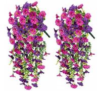 FQRDKT Decorative Violet Silk Petunia Faux Flower Hanging Trailing Vine Lifelike Greenery No Maintenance for House Party Patio Fence Wall Decoration, Purple Red Mixed