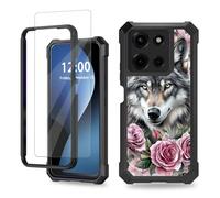 FQSXFIFN for Motorola Moto G 5G 2025 Case with Screen Protector, Phone Case for Moto G 5G 2025 Three Layer Heavy Duty Military-Grade Shockproof, Wolf Roese Phone Cover for Man Woman