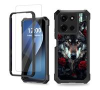 FQSXFIFN for Motorola Moto G Power 5G 2025 Case with Screen Protector, Phone Case for Moto G Power 5G 2025 Heavy Duty Military-Grade Shockproof, Wolf Flowers Phone Cover for Man Woman