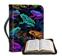 FQSXFIFN PU Leather Bible Cover with Sturdy Handle, Multiple Storage Spaces Bible Cover Case for Women Man, Durable Girls Bibles Carrying Case, Neon Frogs Design Large Bibles Bag