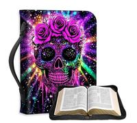 FQSXFIFN PU Leather Bible Cover with Sturdy Handle, Multiple Storage Spaces Bible Cover Case for Women Man, Durable Girls Bibles Carrying Case, Neon Skull Design Large Bibles Bag