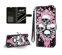 FQSXFIFN Wallet Case for iPhone 17 Air with Hand Strap, PU Leather Magnetic Closure Folio for iPhone 17 Air Case with Card Holder & Kickstand, Sakura Skull Shockproof Protective Phone Cover