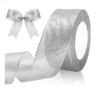 FQTANJU 1 1/2 Inch Silvery Glitter Ribbon, 25 Yards Sparkly Metallic Fabric Ribbon Roll for Gift Wrapping, Floral Bouquet, Wedding Birthday Christmas Party Decoration and Crafts