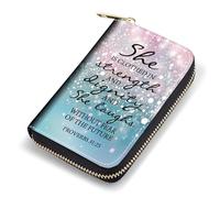FQTBCEARI Credit Card Holder, RFID Leather Card Wallet for Women, Pocket Business Card Case with Zipper, Fox, Bible Verse Proverbs 31:25-1, Fashions