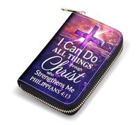 FQTBCEARI Credit Card Holder, RFID Leather Card Wallet for Women, Pocket Business Card Case with Zipper, Fox, Cross Quote Bible Verses Philippians 4-13, Fashions