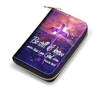 FQTBCEARI Credit Card Holder, RFID Leather Card Wallet for Women, Pocket Business Card Case with Zipper, Fox, Cross Quote Bible Verses Psalm 46:10, Fashions