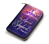 FQTBCEARI Credit Card Holder, RFID Leather Card Wallet for Women, Pocket Business Card Case with Zipper, Fox, Cross Quote Bible Verse Psalm 23:1, Fashions