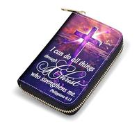 FQTBCEARI Credit Card Holder, RFID Leather Card Wallet for Women, Pocket Business Card Case with Zipper, Fox, Cross Quote Bible Verse Philippians 4:13, Fashions