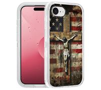 FQTBCEARI Designed for iPhone 16e Case, [Military Grade] Heavy Duty 3-Layer Transparent Shockproof Drop Full-Body Protective Cover for iPhone 16e (2025) 6.1", American Flag Cross Jesus
