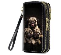FQTBCEARI Hummingbird Flower Print Women Large Capacity Wallet PU Leather Double Zipper Clutch Purse for Smart Phone/Card/Coin/Cash, Funny Pug