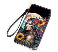 FQTBCEARI Women Large Capacity Wallet PU Leather Zipper Clutch Purse, Native American Indian Girl, One Zippers