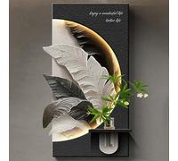 FQWYNMZ 3D Sandstone Decorative Wall Painting with Glass Vase, Abstract Art Wall Decor Sculpture with LED Light, Modern Walls Sculptures, Leaf Decorative, for Living Room, Entrance(60x120cm/24x47in)