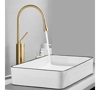 FQYEP Tall Bathroom Basin Mixer Tap Countertop Vessel Brass Brushed Gold | Spout Height 29CM 360° Rotation Hot and Cold Basin Taps Modern Single Hole Installation with Water Inlet Pipe