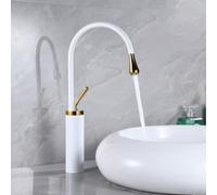 FQYEP Tall Bathroom Basin Mixer Tap Countertop Vessel Brass White Gold | Spout Height 29CM 360° Rotation Hot and Cold Basin Taps Modern Single Hole Installation with Water Inlet Pipe