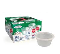 FR Enterprises 100 Pack Reusable Plastic Sauce Cups with Lids - 12oz Transparent Microwave Plastic Heavy Duty SATCO Sauce Cup - Takeaway Cups - Leak Proof Freezer Storage Pots