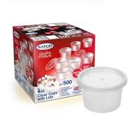 FR Enterprises 50 Pack Reusable Plastic Sauce Cups with Lids - 4oz Transparent Microwave Plastic Heavy Duty SATCO Sauce Cup - Takeaway Cups - Leak Proof Freezer Storage Pots