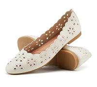 FRACORA Women's Ballet Flats Black PU Leather Dress Shoes Comfortable Round Toe Slip on Flats with Breathable Eyelets, Beige, 7.5 UK