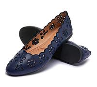 FRACORA Women's Ballet Flats Black PU Leather Dress Shoes Comfortable Round Toe Slip on Flats with Breathable Eyelets, Navy, 6 UK