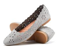 FRACORA Women's Ballet Flats Black PU Leather Dress Shoes Comfortable Round Toe Slip on Flats with Breathable Eyelets, Grey, 5.5 UK