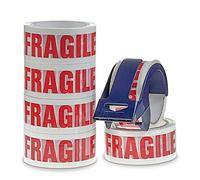 Fragile Tape & Dispenser | 6 Rolls 48mm x 50m | Strong Parcel Tape For Moving with 'Fragile' Print | Easily Seals Parcels & Boxes