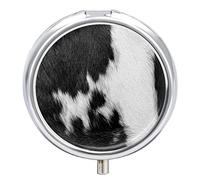 Fragment of a Skin of a Cow Black White Real Animal Skin Iron Pill Box Case Organizer with Internal Separate Plastic Dividers, Travel Small Medicine Bag Holder Carrier Round Container