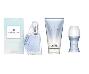 Fragrance bundle - consisting of Perceive EDP spray 100ml, Body Lotion 150ml and roll on 50ml and cosmetics bag - pear, pink dianthus, and orchid by Avon.