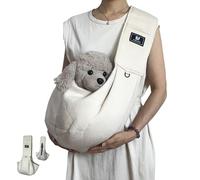 Fraise Dog Sling-Pet Carrier for Small Dogs, Up to 15lbs, Adjustable Padded Strap,Reduce Neck Shoulder Stress, Breathable Fabric with Pocket for Essentials (Beige)