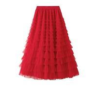 FRALHQFL Skirt Spring Party Skirt Elastic High Waist Long Tulle Skirt Women Skirt Ladies-Bright Red-M