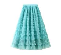 FRALHQFL Skirt Spring Party Skirt Elastic High Waist Long Tulle Skirt Women Skirt Ladies-Lagoon Blue-M