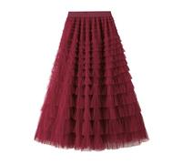 FRALHQFL Skirt Spring Party Skirt Elastic High Waist Long Tulle Skirt Women Skirt Ladies-Wine Red-M