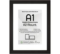 FRAMANEX BLACK Large A1 Picture Poster Frame Size 23.4 X 33.1 inch, 59.5 X 84.1cm, 594 X 841mm with White mount to fit image print size A2, 16 X 24 inches, 42 X 60cm, 420 X 600mm [BLACK A1/A2 Frame]