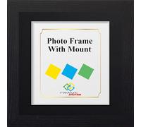 FRAME EAZY Square Black Photo Frame Picture Frame with Black Mount - Comes With Safe Perspex Front & Wall Hanging Hooks - Square Frame 6"x 6" Pic Size 3"x 3" Mount